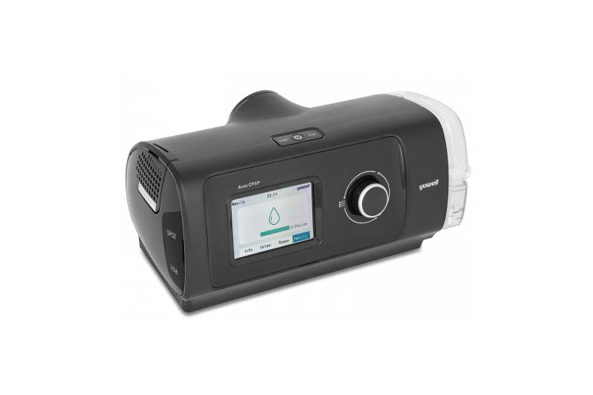 Yuwell Automatic YH480 CPAP therapy device showing the main unit, color screen, and integrated water chamber, displayed on a white surface.