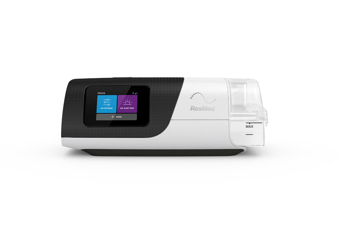ResMed AirSense 11 AutoSet CPAP machine, featuring a color touchscreen and integrated humidifier,