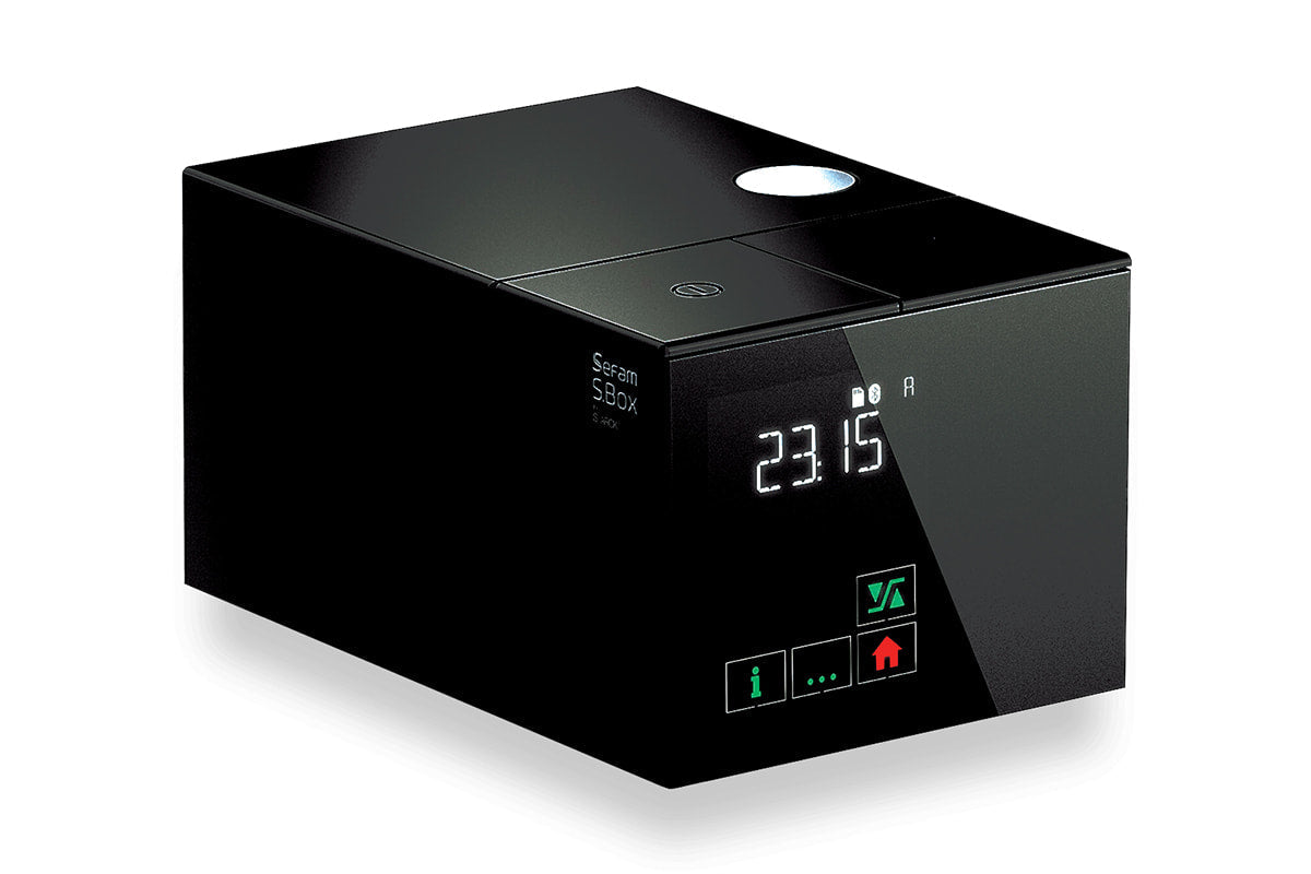 Sefam S.Box Automatic CPAP machine, designed by Starck, with integrated heated humidifier, heated hose, and WiFi Kit for app-based telemonitoring
